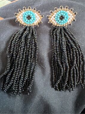 Beaded Eye Tassel Earrings - Black and Turquoise